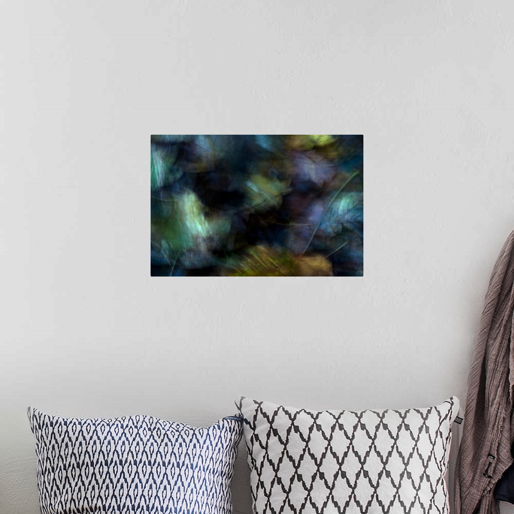 A bohemian room featuring Pockets of dark hues with cross hatched greens and blues create this abstract artwork.