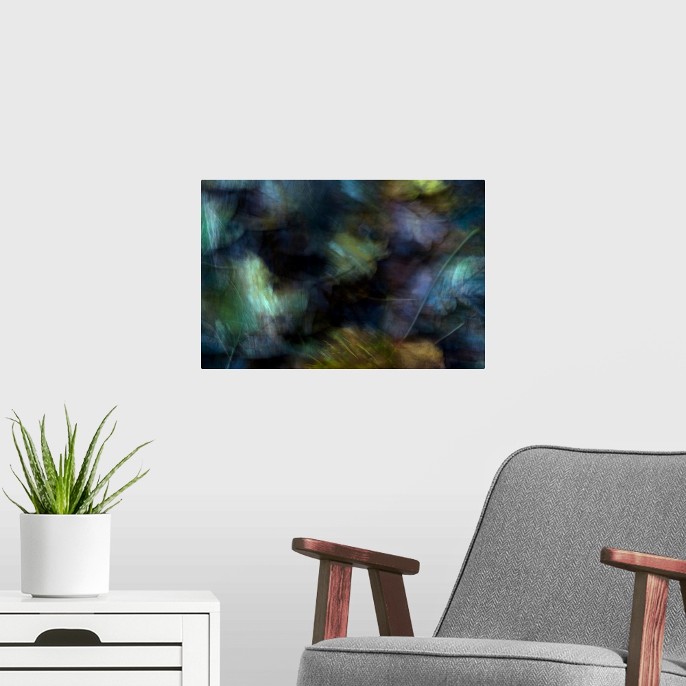 A modern room featuring Pockets of dark hues with cross hatched greens and blues create this abstract artwork.