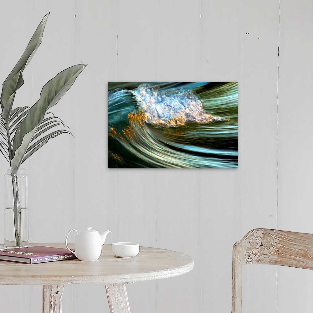 A farmhouse room featuring Big photograph focuses on the crest of a wave as it begins to fold over and crash against itself.
