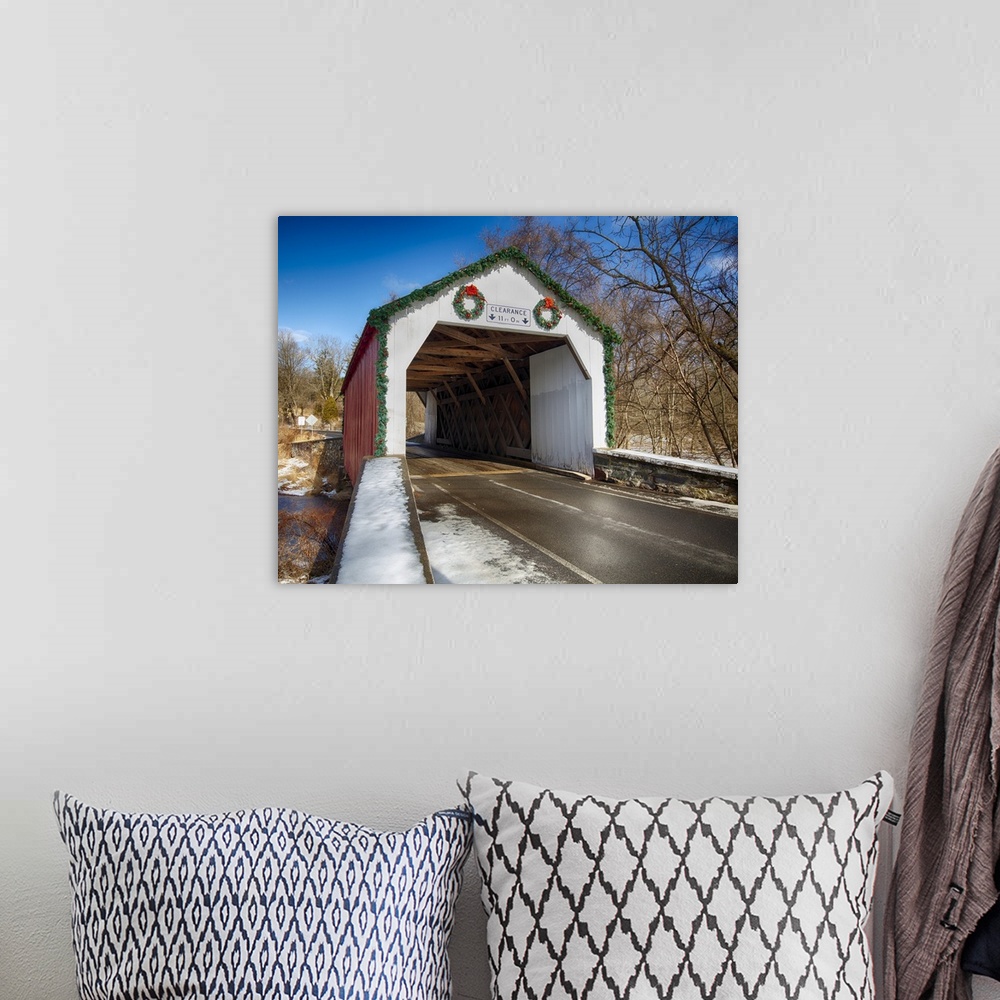 A bohemian room featuring The Erwina Covered Bridge Over The Swamp Creek During Winter, Bucks, County, Pennsylvania.