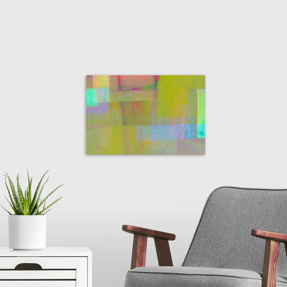 A modern room featuring An abstract expressionist arrangement of soft coloured shapes in gentle lime green, pinks, pale g...