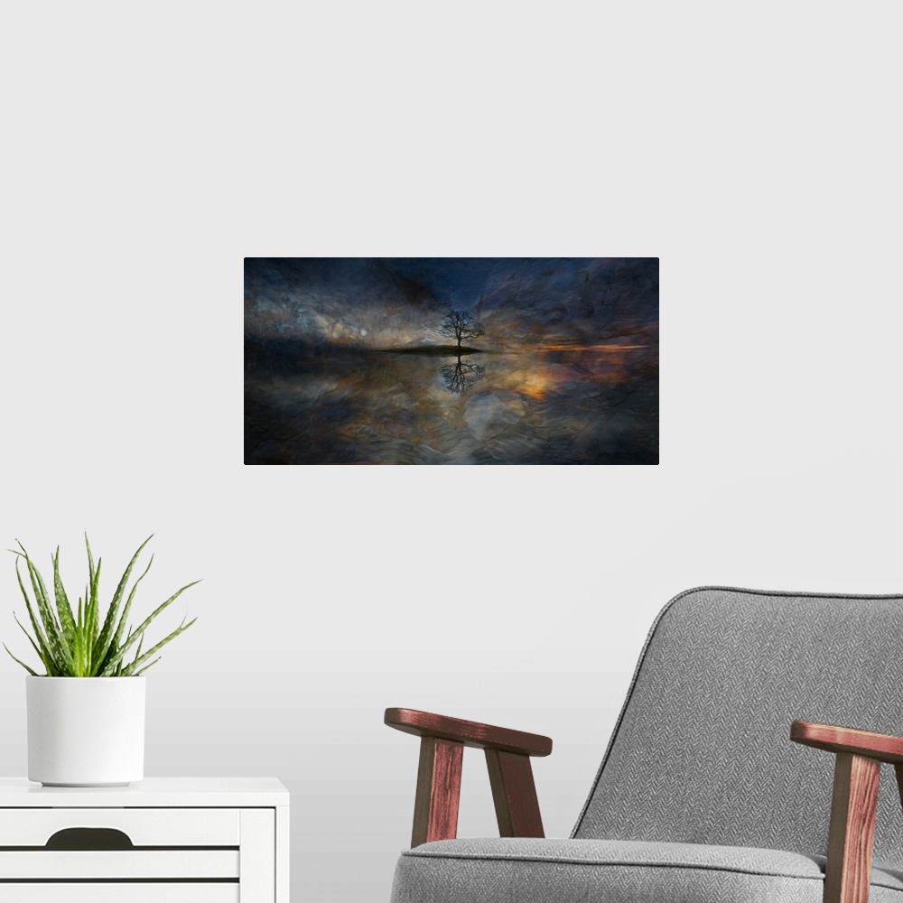 A modern room featuring Dream-like photograph of an island with a single bare tree on it reflecting into the water, with ...