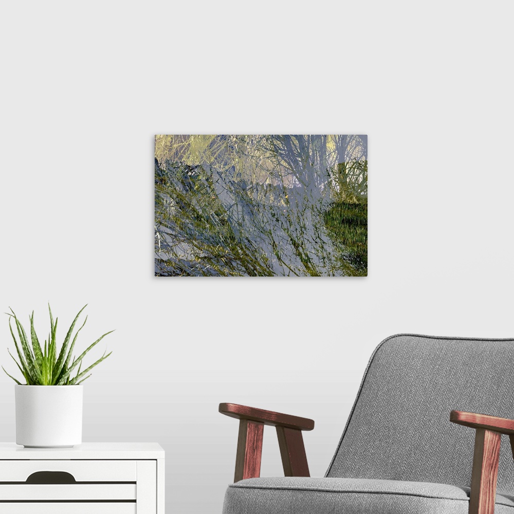 A modern room featuring A natural abstracted landscape showing a deep dark melancholy leafless winter hedgerow and trees ...