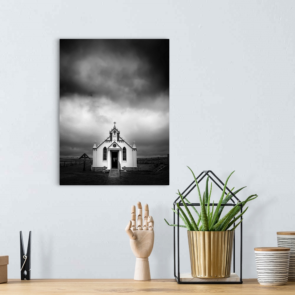 A bohemian room featuring Dramatic black and white fine art photography of The Italian Chapel on Orkney Island in Scotland.
