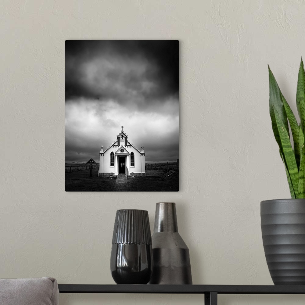 A modern room featuring Dramatic black and white fine art photography of The Italian Chapel on Orkney Island in Scotland.
