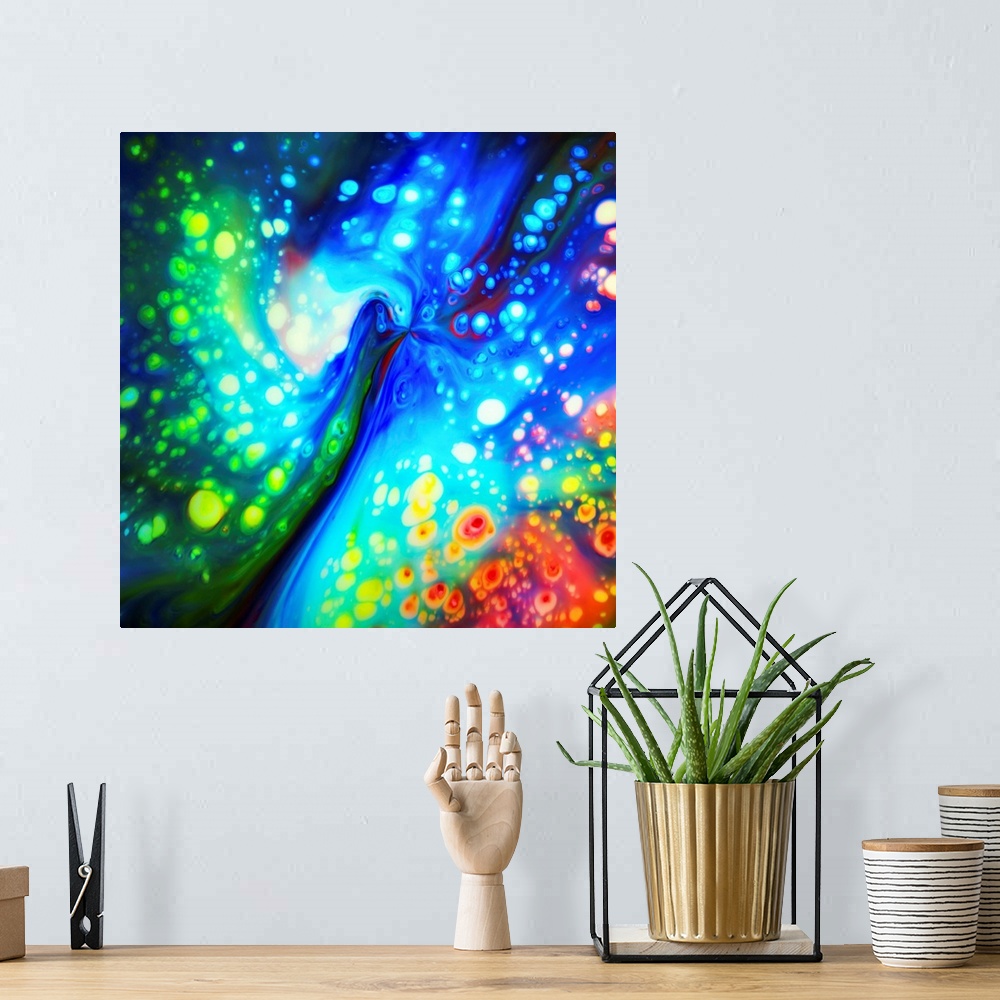A bohemian room featuring Fine art photo of an abstract swirl of bright rainbow colors.