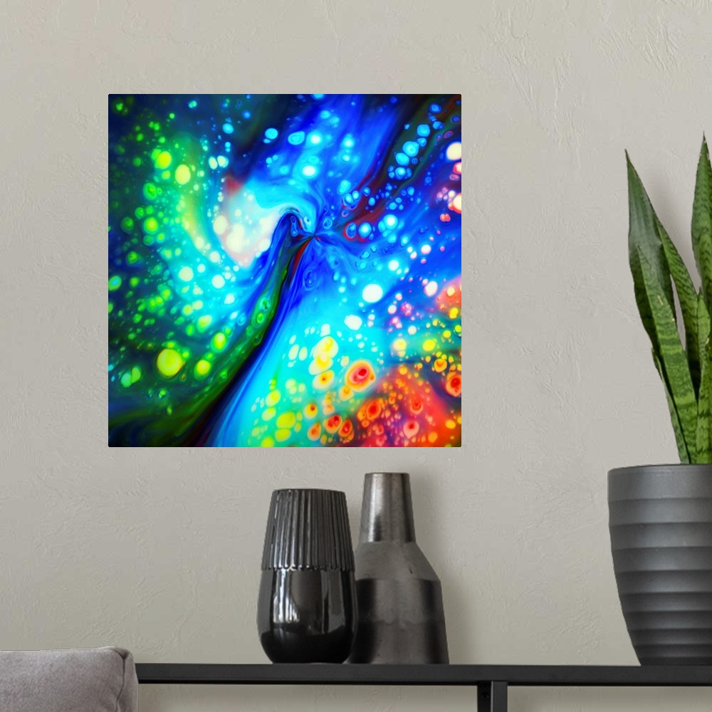 A modern room featuring Fine art photo of an abstract swirl of bright rainbow colors.