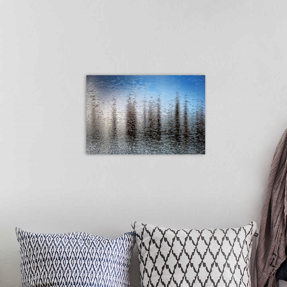 A bohemian room featuring Fine art photo of abstract shapes reflected in the rippling water of a lake.