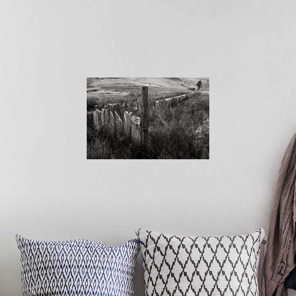 A bohemian room featuring A black and white photograph of a countryside landscape.