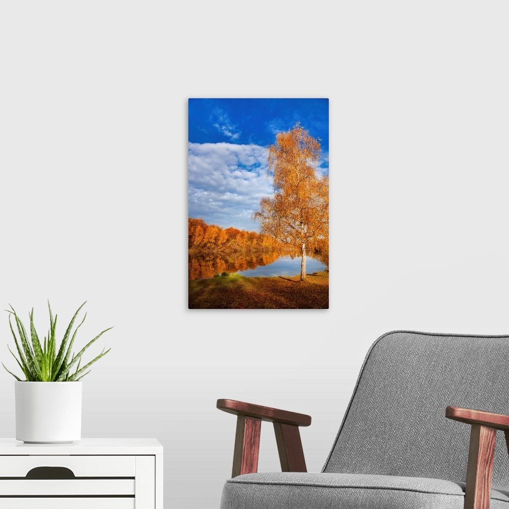 A modern room featuring Autumn landscape with trees around a lake under a blue sky