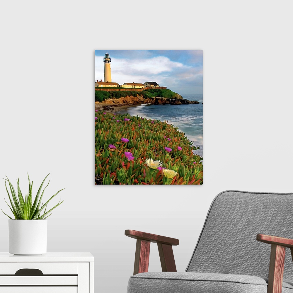 A modern room featuring Photograph of a field of flowers at the base of a lighthouse sitting on the cliff overlooking the...