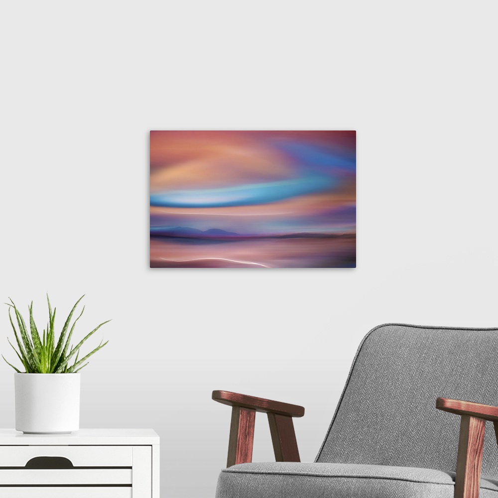 A modern room featuring Abstract representation of the view of the mainland south of Vancouver, BC, from the ferry.
