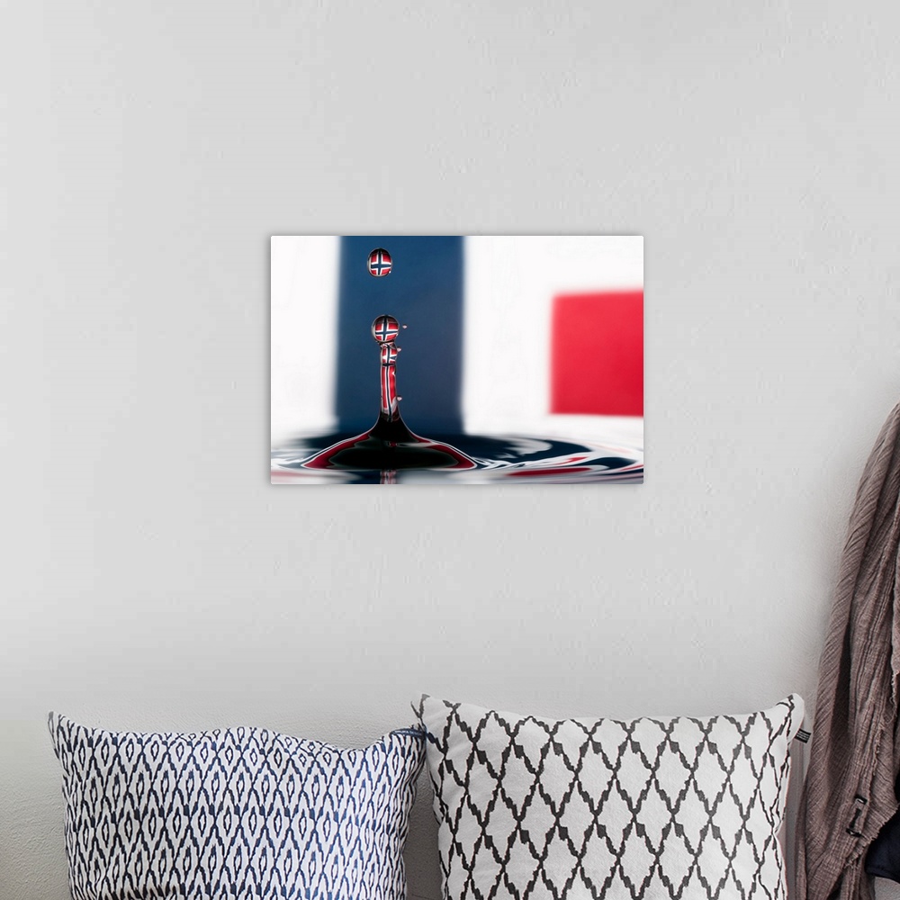 A bohemian room featuring A macro photograph of a water droplet rising up from a splash refracting the Norwegian flag.