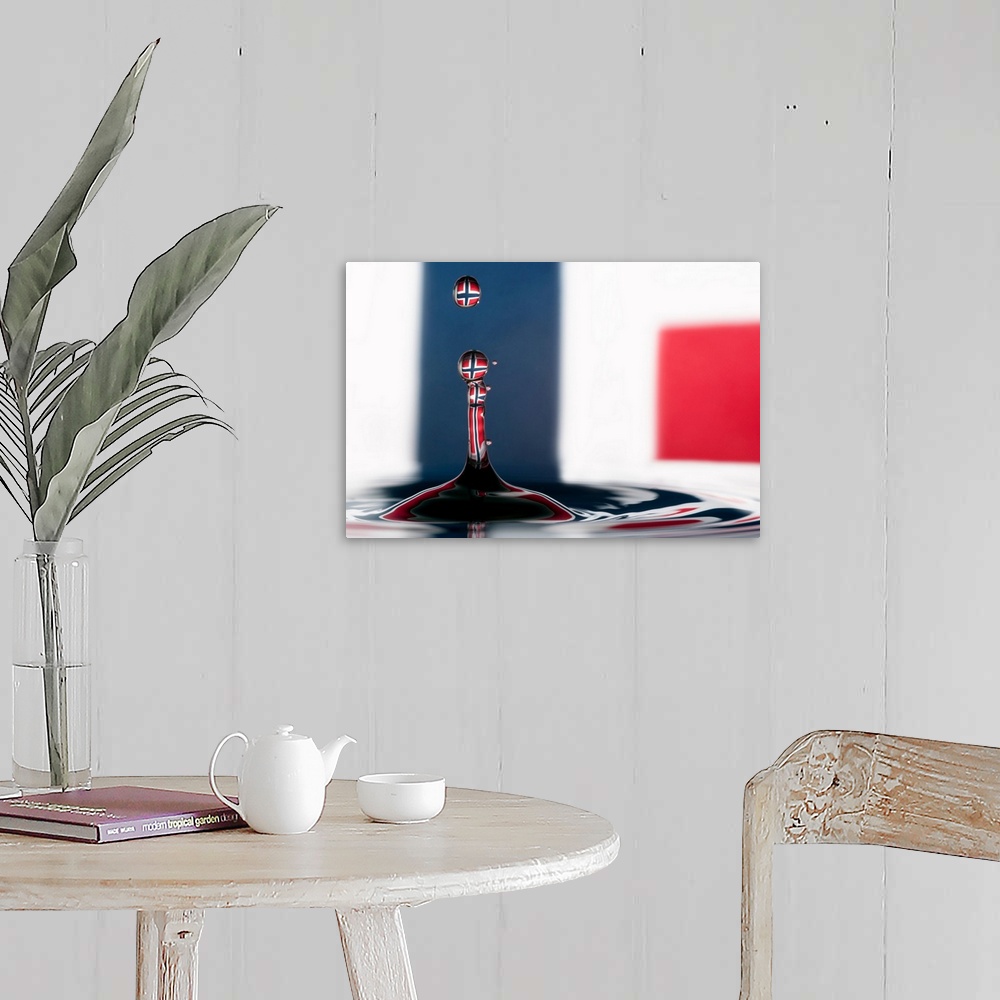 A farmhouse room featuring A macro photograph of a water droplet rising up from a splash refracting the Norwegian flag.