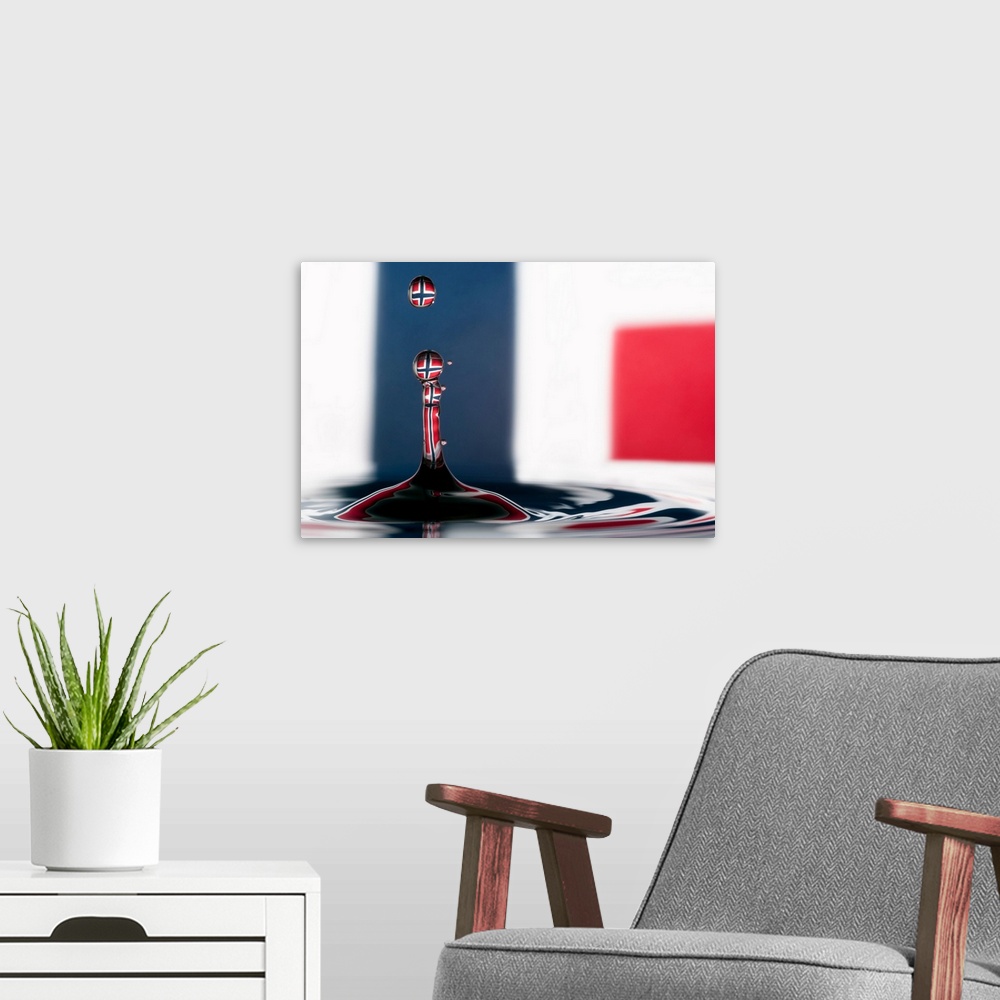 A modern room featuring A macro photograph of a water droplet rising up from a splash refracting the Norwegian flag.