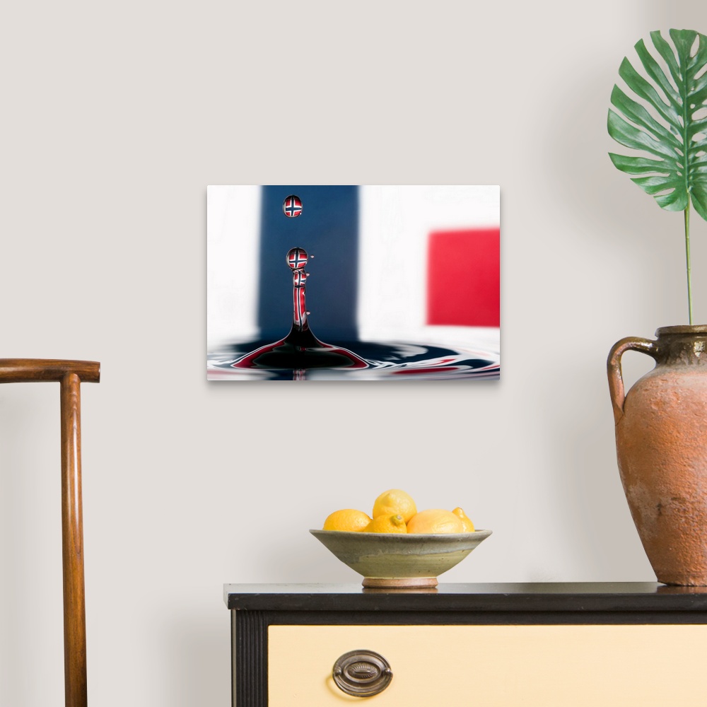 A traditional room featuring A macro photograph of a water droplet rising up from a splash refracting the Norwegian flag.
