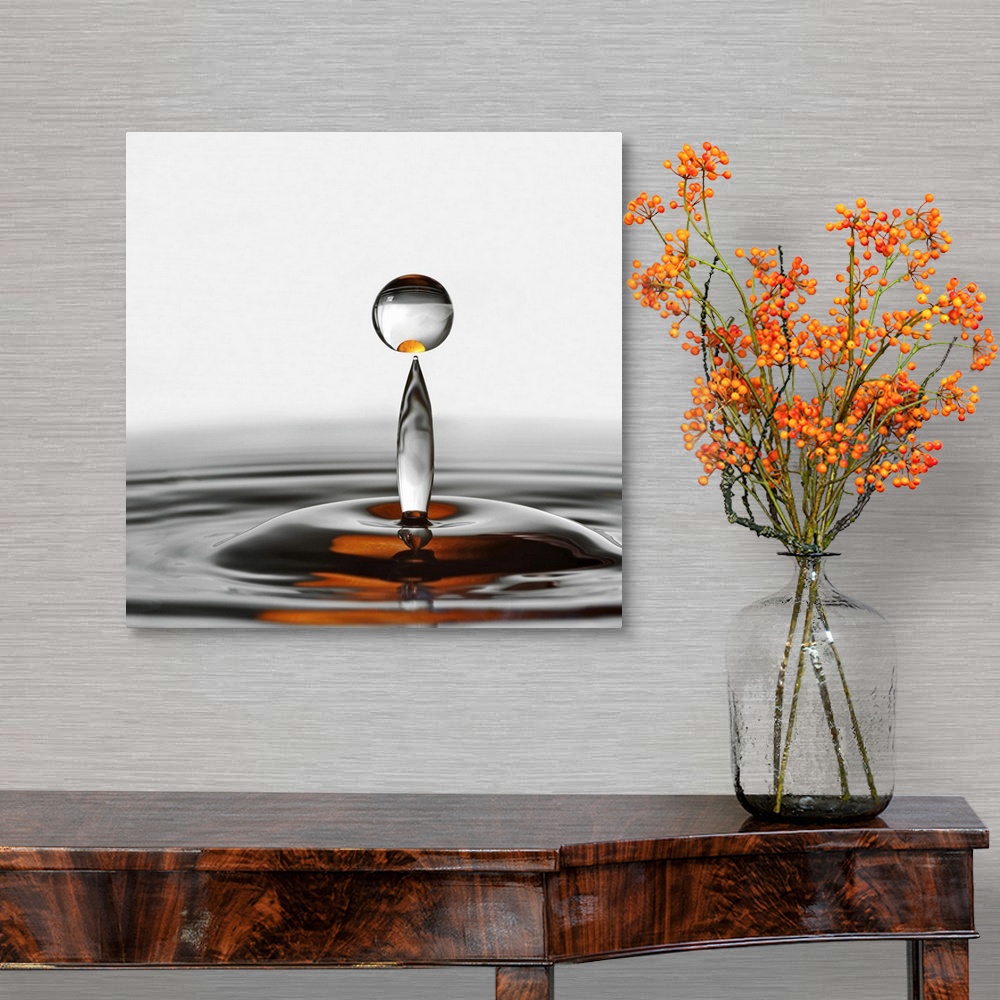 A traditional room featuring A photograph of a water droplet rising up from a splash.