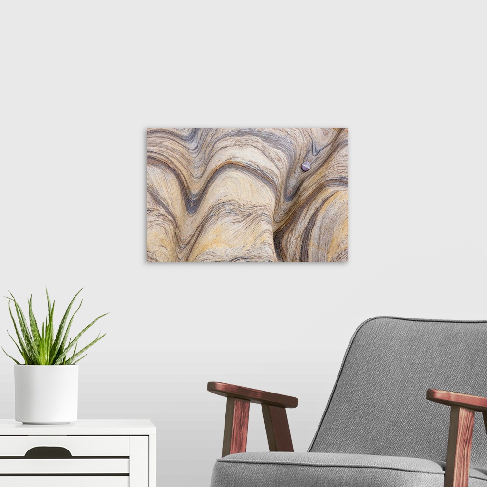 A modern room featuring A contemporary image of flowing patterns in rock in neutral earth tones with a small lone pebble.