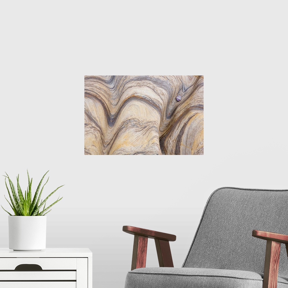 A modern room featuring A contemporary image of flowing patterns in rock in neutral earth tones with a small lone pebble.