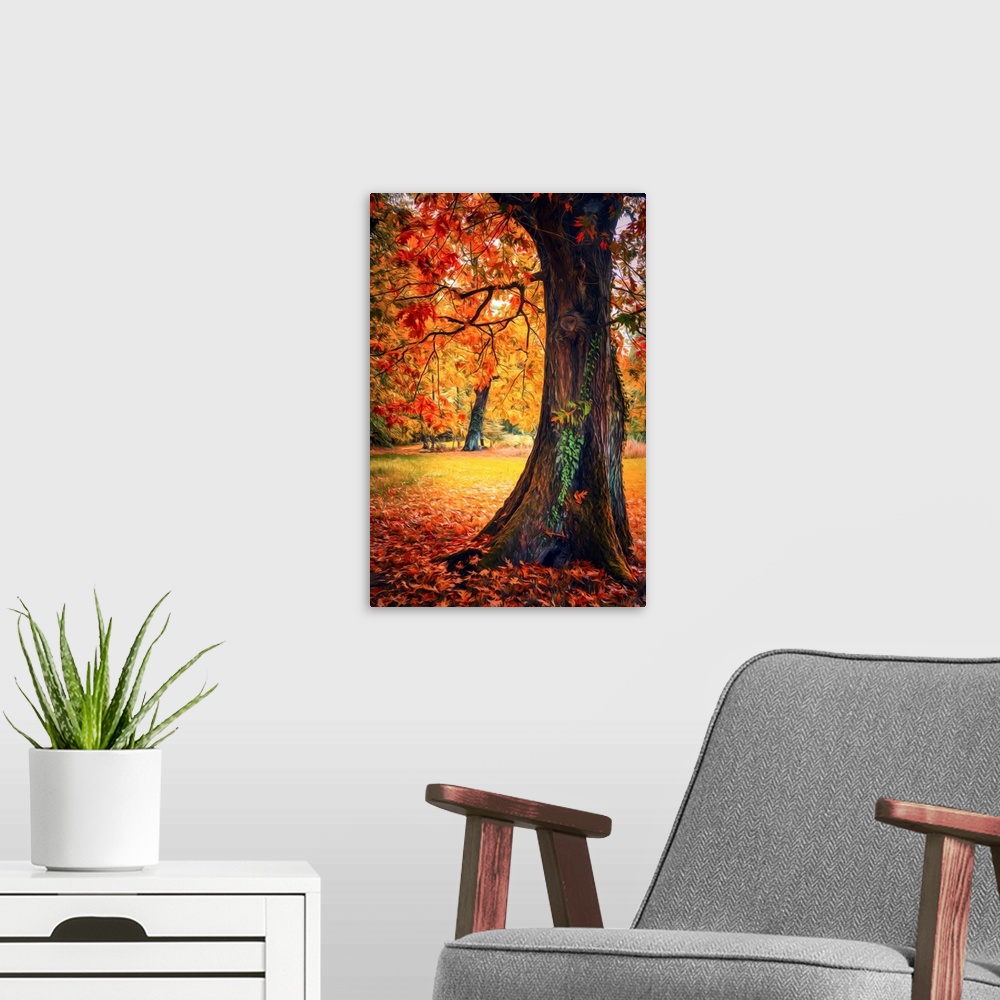 A modern room featuring Photo Expressionism - Trees in autumn with a tree trunk in the foreground.
