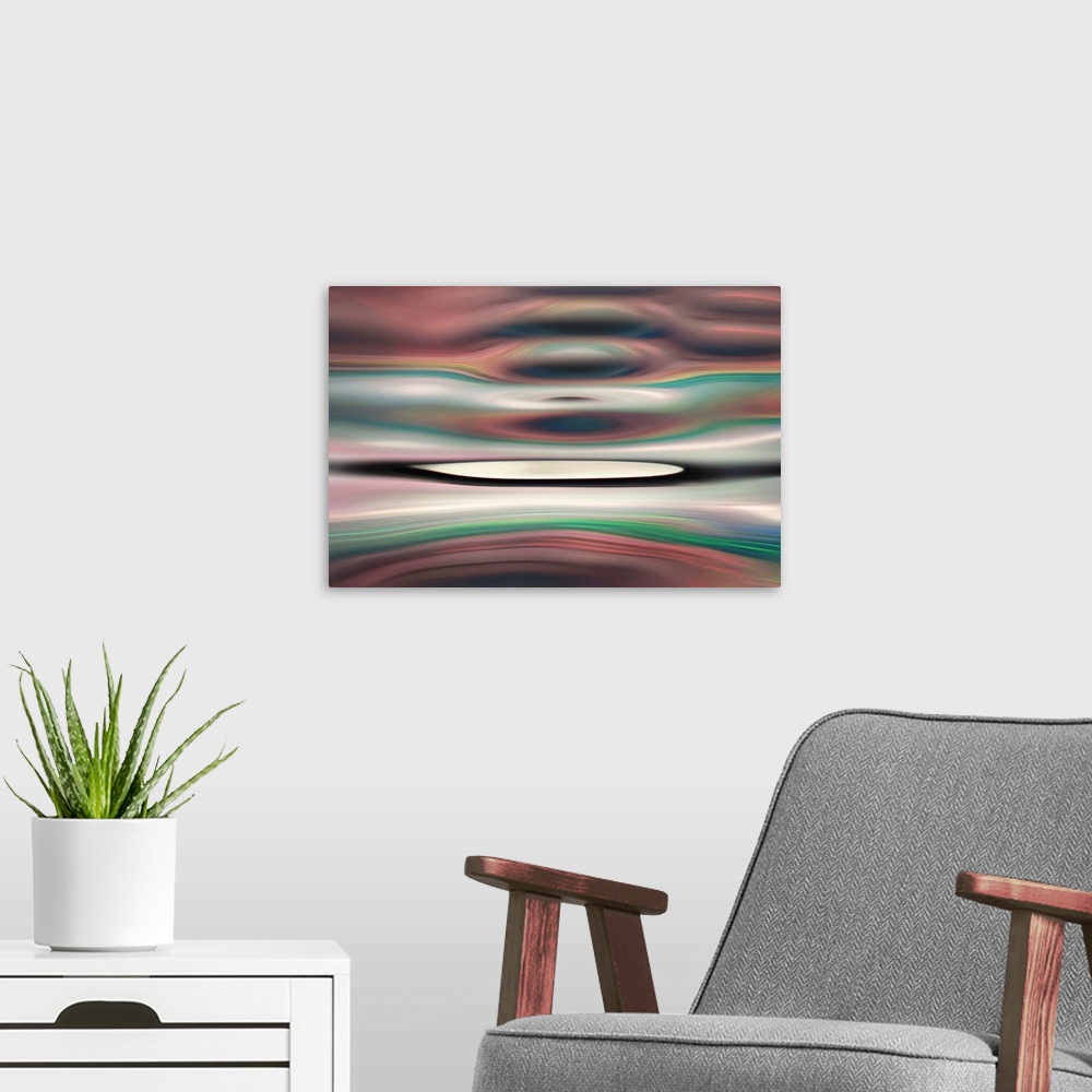 A modern room featuring Abstract photo of smooth waves in earthy tones.