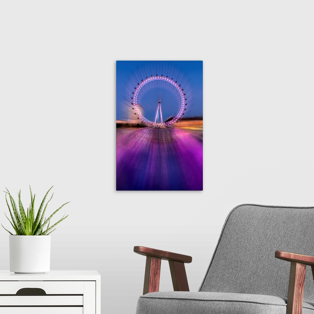 A modern room featuring Long exposure fine art photo of the London Eye ferris wheel with purple lights.