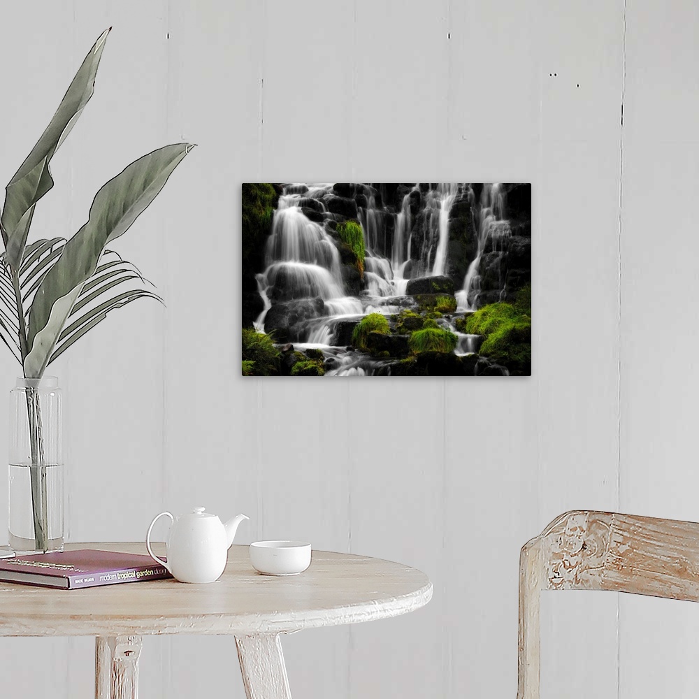 A farmhouse room featuring Fine art photo of a waterfall over several round rocks