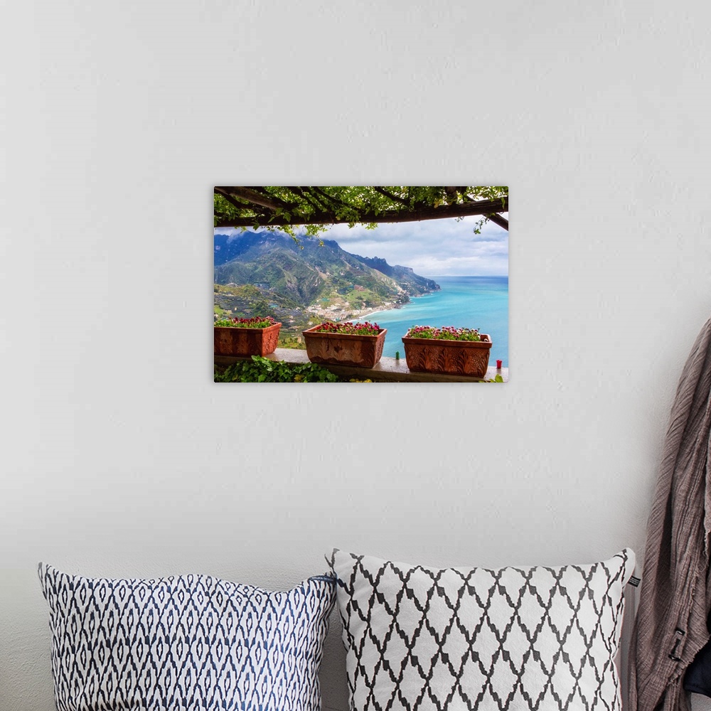 A bohemian room featuring Scenic view from Under a Trellis, Ravello, Amalfi Coast, Campania, Italy.