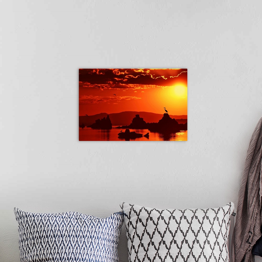 A bohemian room featuring Sunrise over a lake with birds