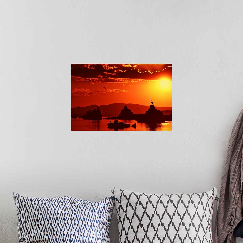 A bohemian room featuring Sunrise over a lake with birds