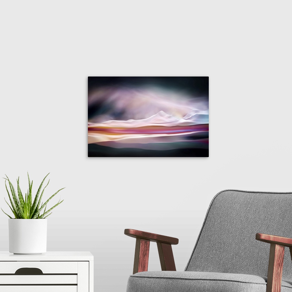 A modern room featuring Abstract landscape. The original is a studio shot of water reflecting colors. The shape of the mo...