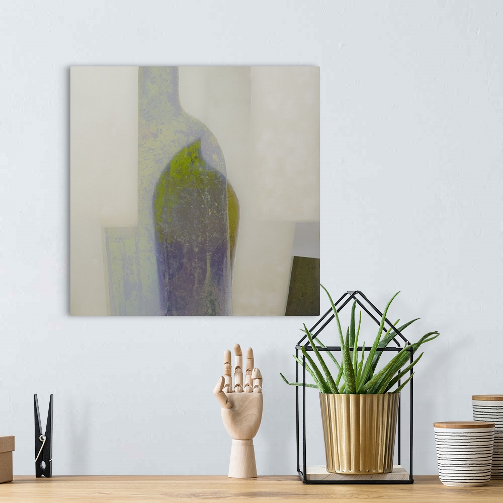 A bohemian room featuring An abstract expressionist image of stylised bottle and ornamental object shapes in neutral and pa...