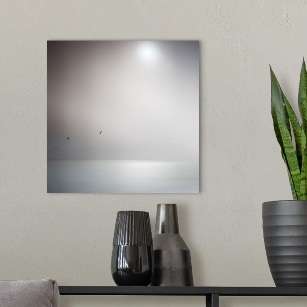 A modern room featuring Square photo on canvas of the sun shining down on an ocean with three birds flying above it.