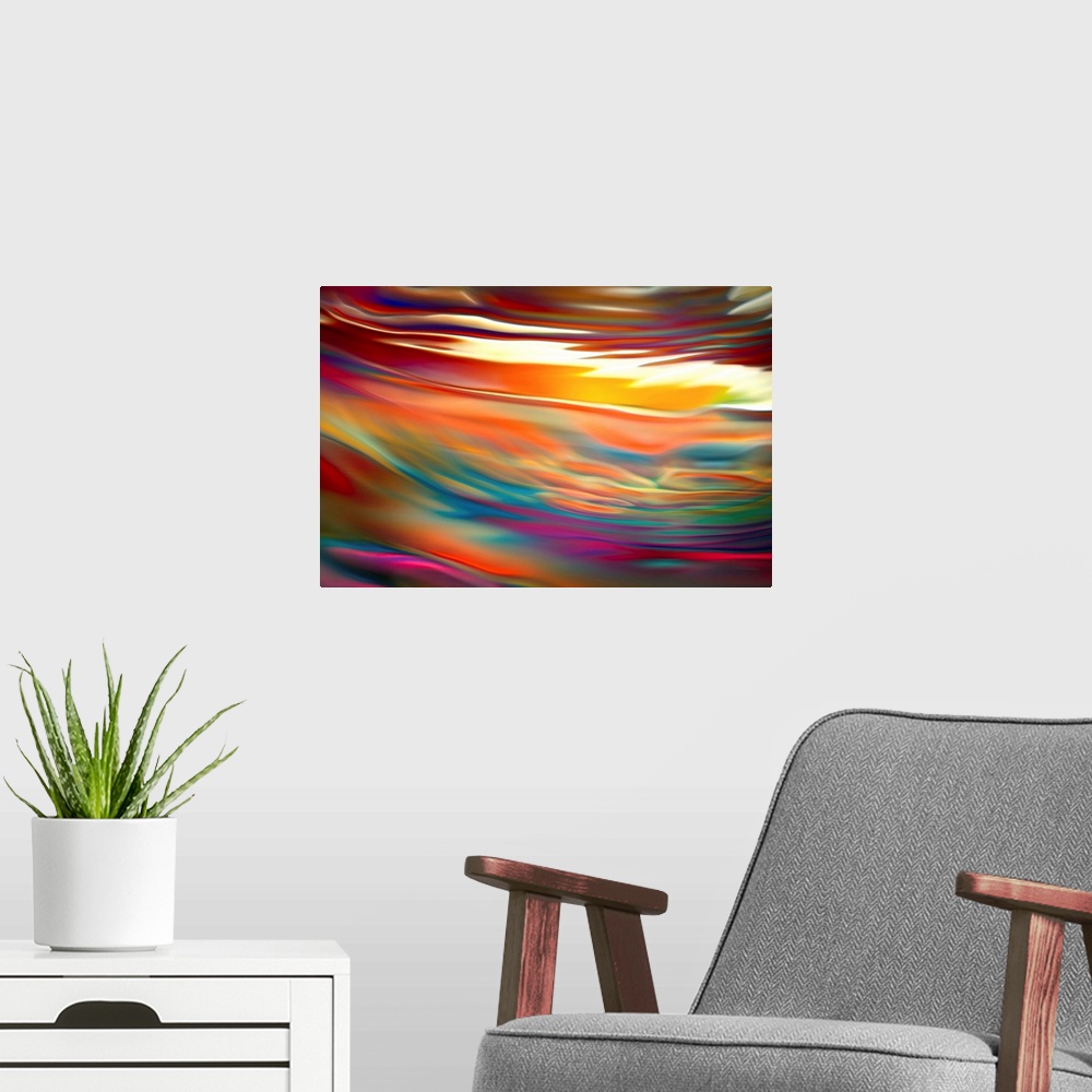 A modern room featuring Artistic abstract photograph of a close-up of a multi-colored water.