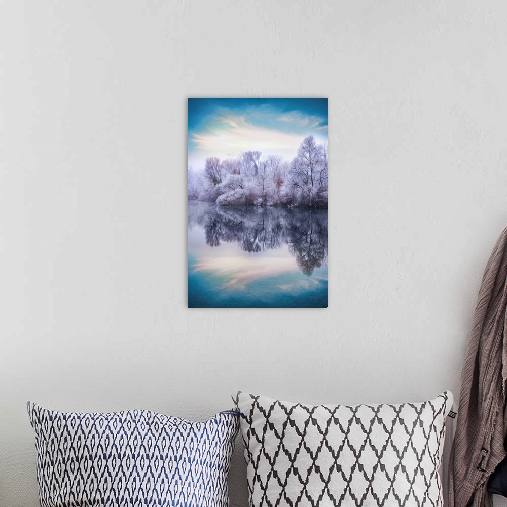 A bohemian room featuring Photo Expressionism - Forest in winter at the edge of a lake.