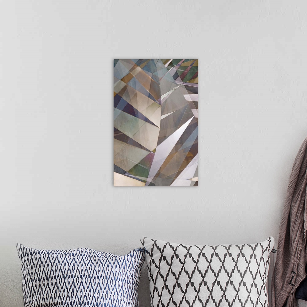 A bohemian room featuring Abstract photograph made of intersecting angles and lines in varying neutral shades.