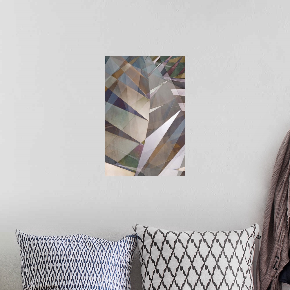 A bohemian room featuring Abstract photograph made of intersecting angles and lines in varying neutral shades.