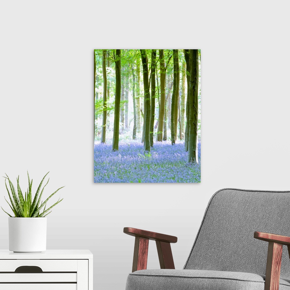 A modern room featuring Vertical painting on canvas of a forest with wildflowers sprinkled on the ground beneath them.