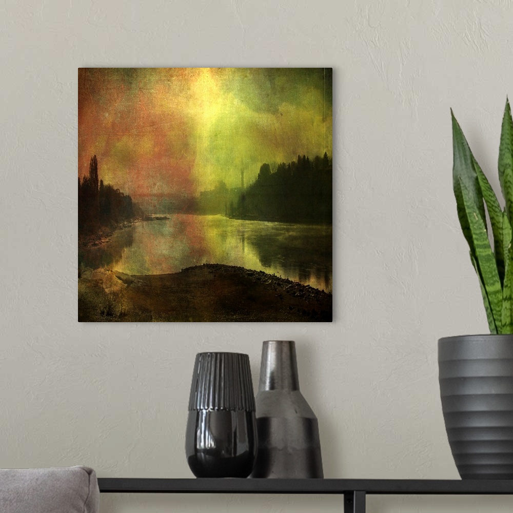 A modern room featuring A picture of Trail downriver from Gyro Park, overlayed with a coloured texture file.