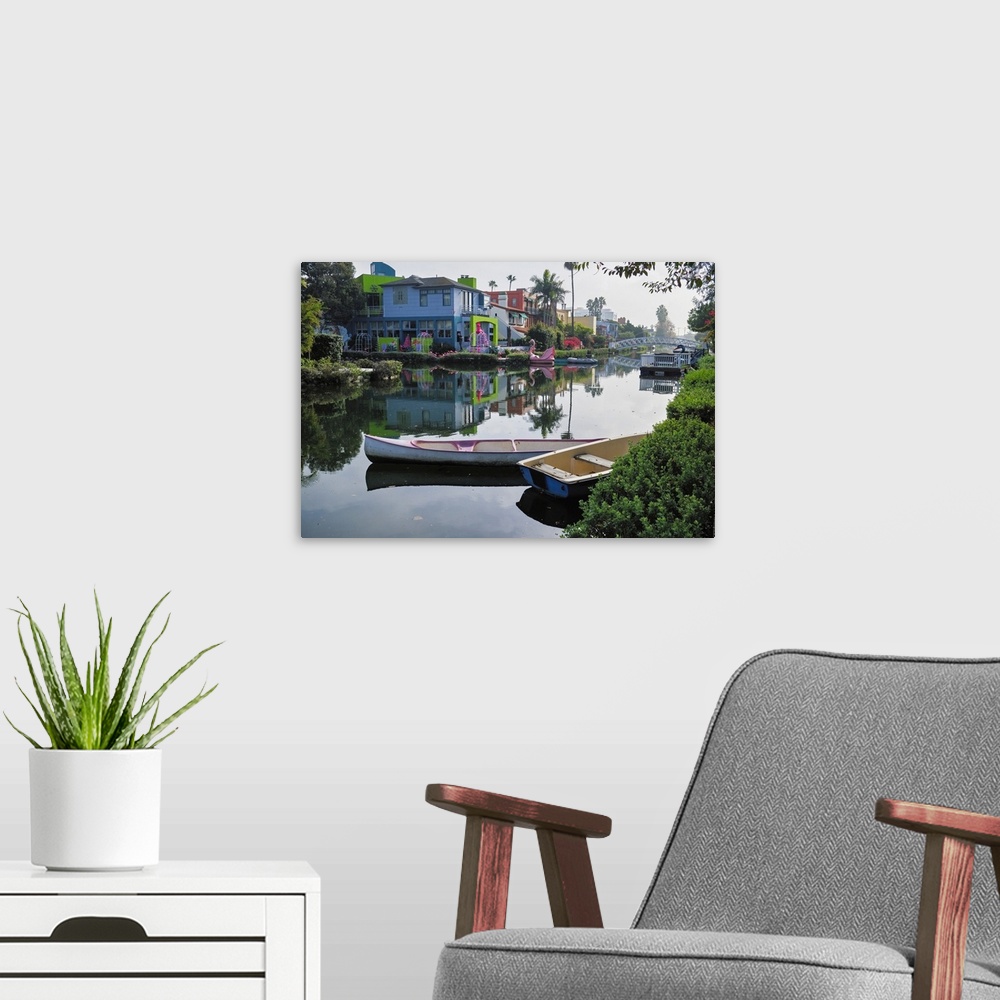 A modern room featuring Tranquil Morning at the Venice Canal, Los Angeles, California.