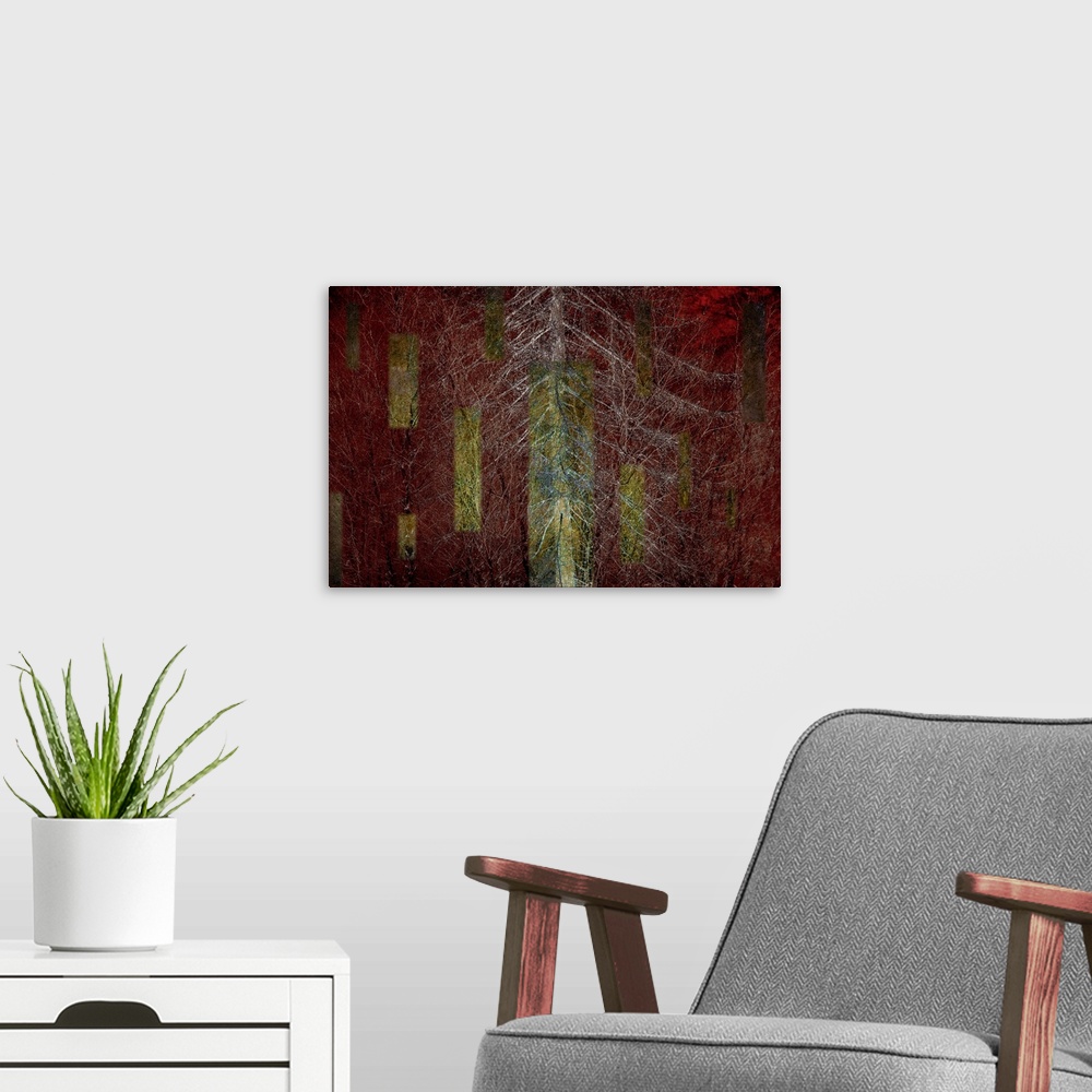 A modern room featuring A tessalated deep crimson red and golden yellow gold abstract of autumn fall silver birch trees.