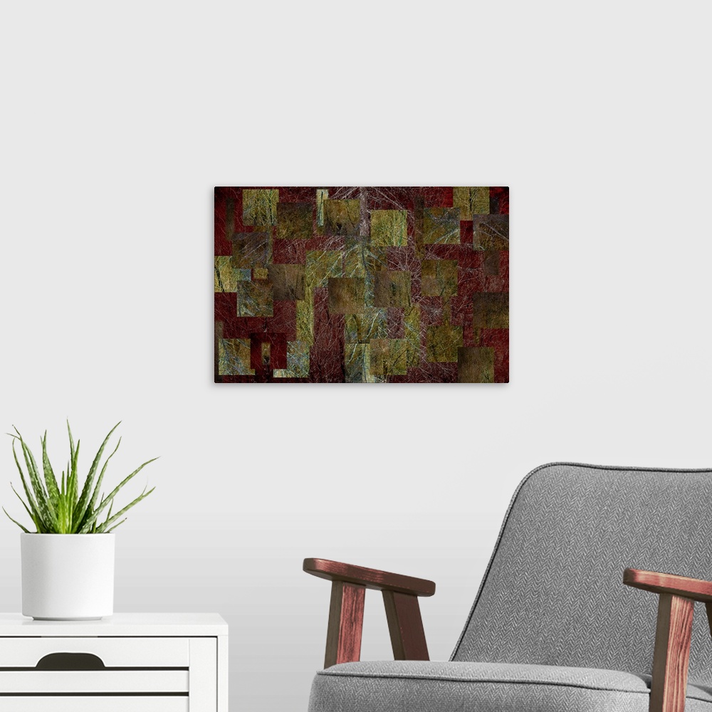 A modern room featuring A tessalated deep crimson red and golden yellow gold abstract of autumn fall silver birch trees.