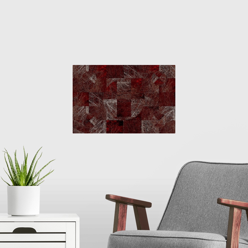 A modern room featuring A tessalated deep crimson red abstract of autumn fall silver birch trees.