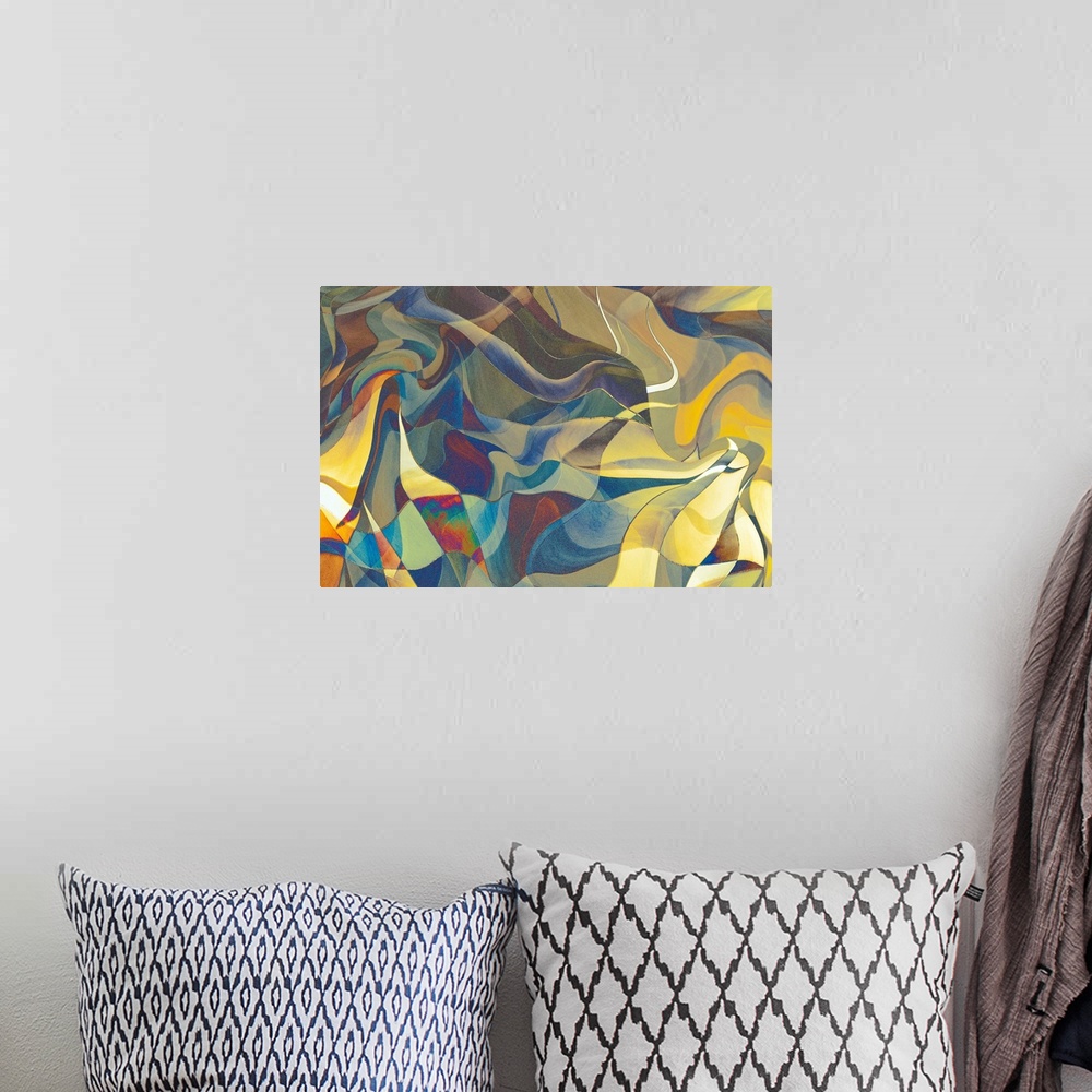 A bohemian room featuring Colorful abstract photograph with wavy shapes in hues of blue, yellow, green, and purple.