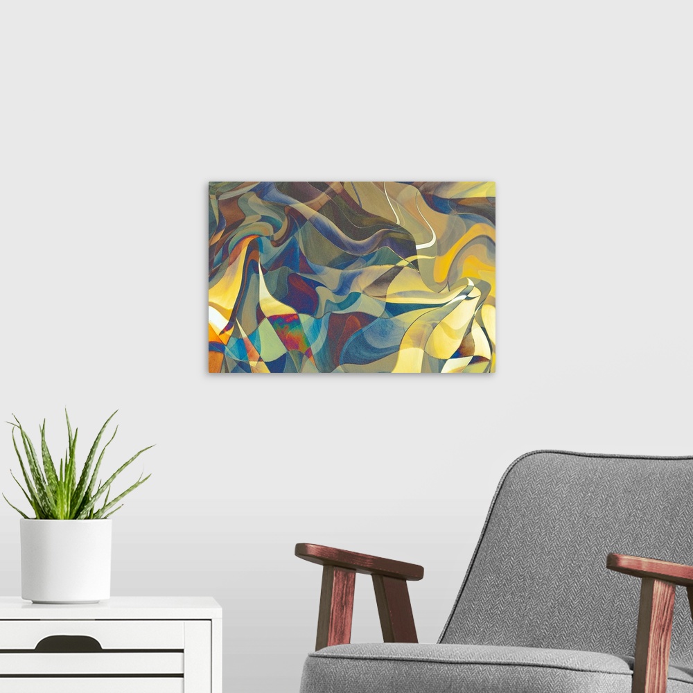 A modern room featuring Colorful abstract photograph with wavy shapes in hues of blue, yellow, green, and purple.