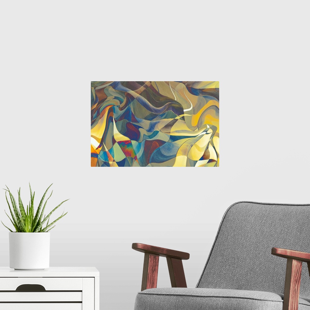 A modern room featuring Colorful abstract photograph with wavy shapes in hues of blue, yellow, green, and purple.