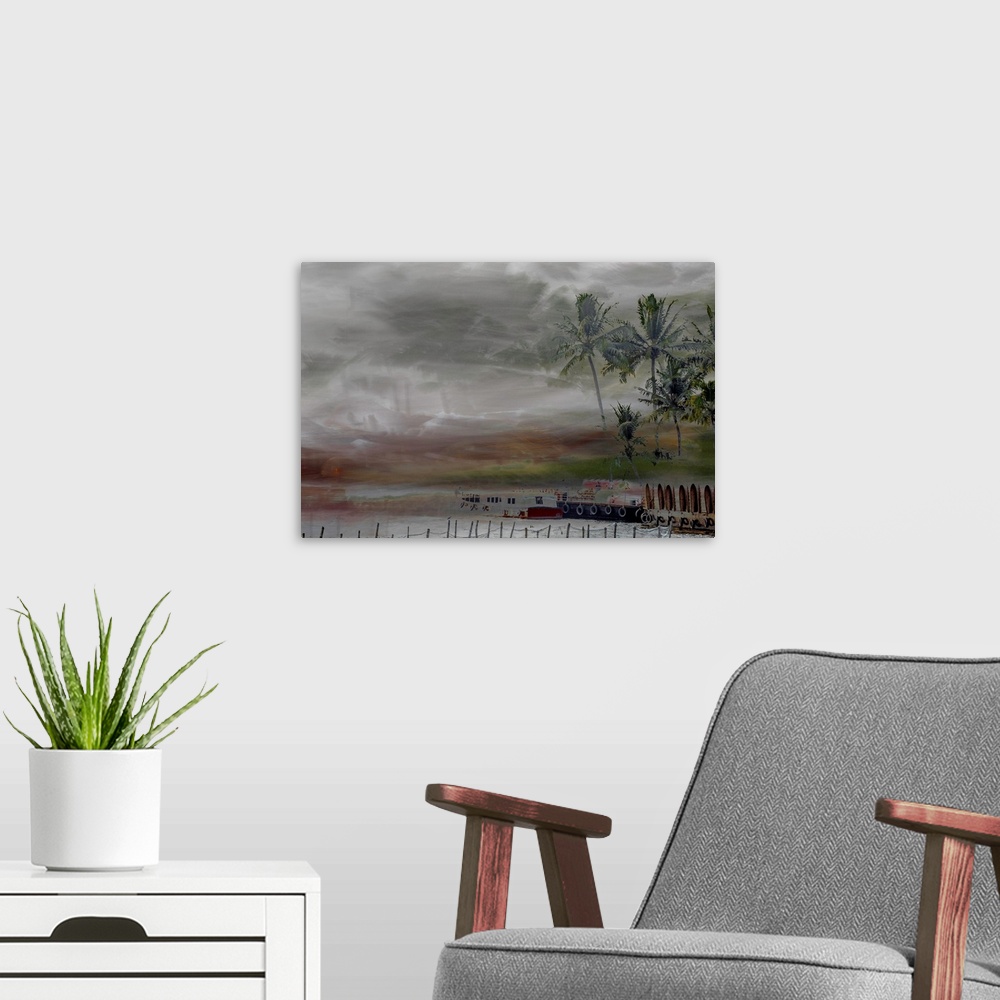 A modern room featuring Conceptual photograph of boats in water with palm trees on the shore and a dark, grey sky represe...