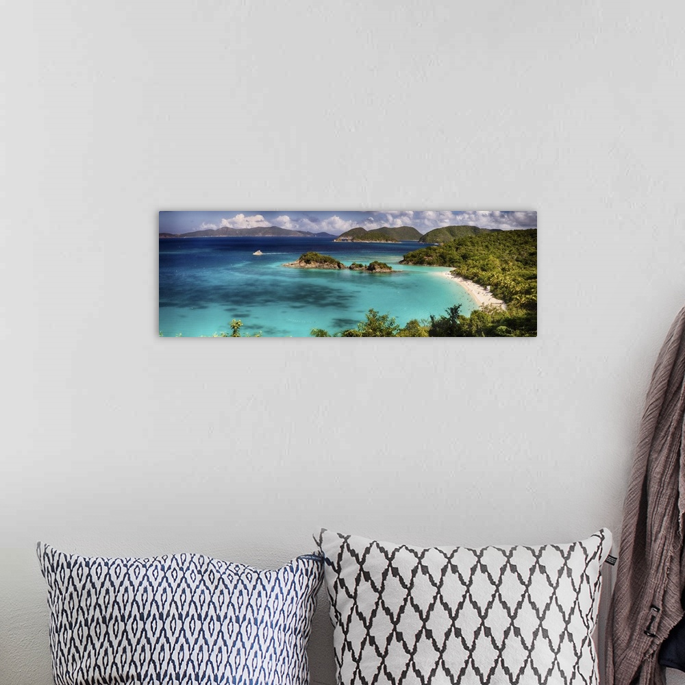 A bohemian room featuring A photograph of a tropical landscape.