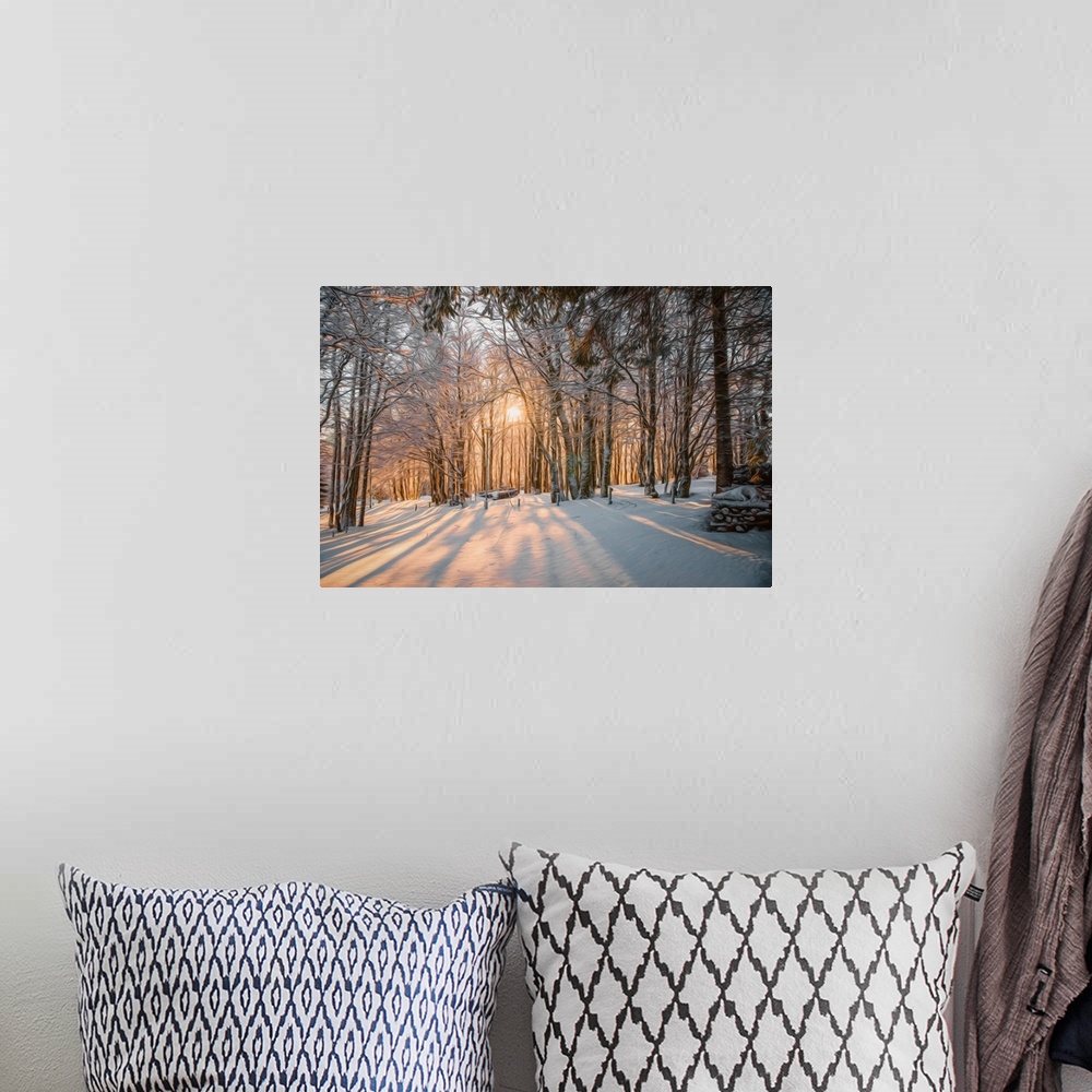 A bohemian room featuring Photo Expressionism - Sunset through a snowy forest.