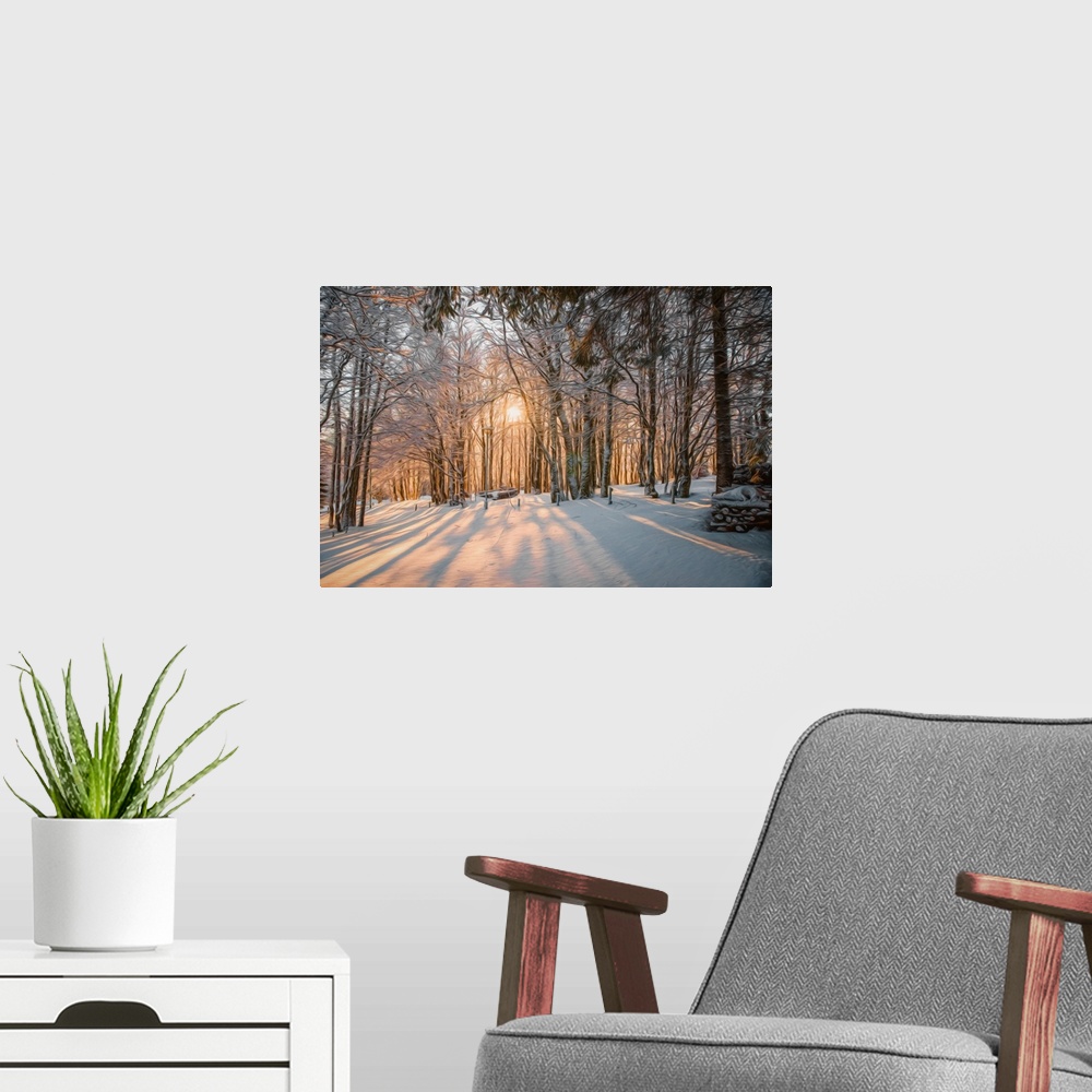 A modern room featuring Photo Expressionism - Sunset through a snowy forest.